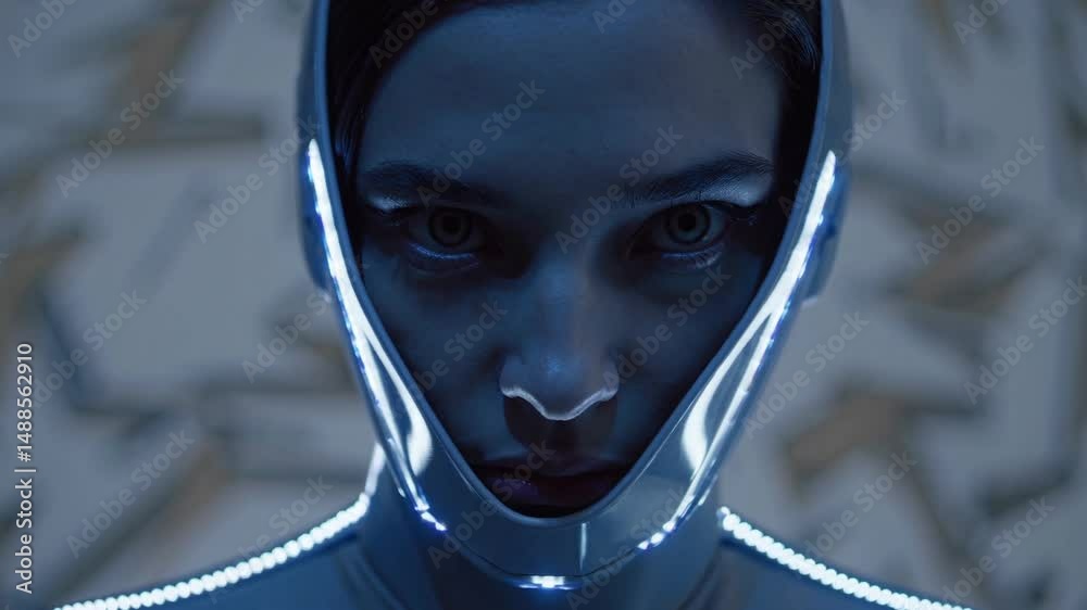Femme en combinaison futuriste à LED avec regard perçant, ambiance de science-fiction technologique

