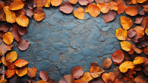 Colorful Autumn Leaves Arranged on a Teal Background Creating a Seasonal Display