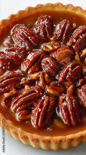 Delicious Pecan Pie With Golden Crust and Caramel Filling Presented on a Whit...