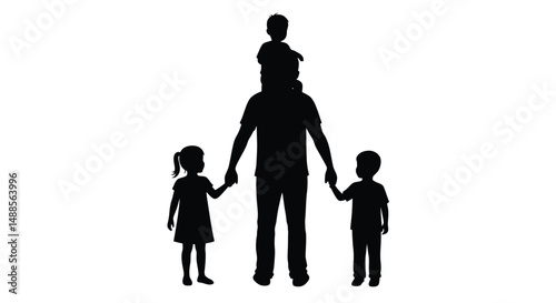Illustration of a father carrying a child on his shoulder and holding hands with the kids, symbolizing love and family connections.

