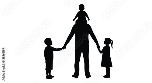 Illustration of a father carrying a child on his shoulder and holding hands with the kids, symbolizing love and family connections.

