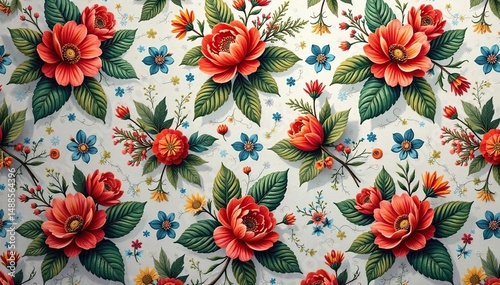 Intricate floral design, repeating seamlessly across surface, patterned, elegant, wallpaper