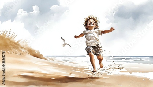 A cheerful child enjoys a watercolor beach day under a beautiful sky.