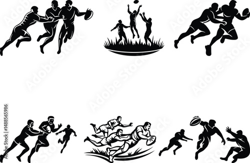 Rugby player in action stylish silhouette vector art, rugby player in action vector icon, rugby player in action line art vector design set