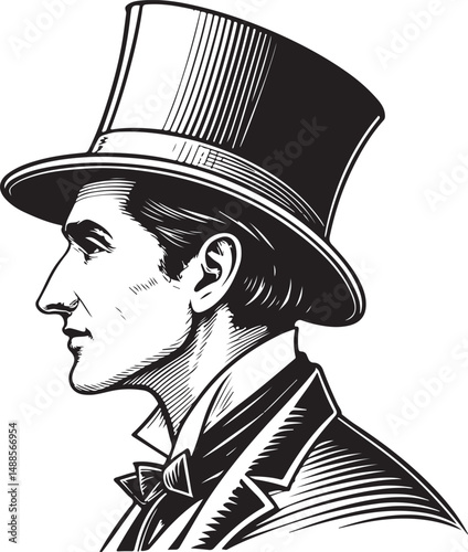 Gentleman in tall top hat Black and White Vector Illustration, Sketch Drawing Line Linear Symbol Icon Engraving, Hand-drawn Isolated