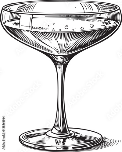 Coupe Martini Cocktail Glass Black and White Vector Illustration, Sketch Drawing Line Linear Symbol Icon Engraving, Hand-drawn Isolated