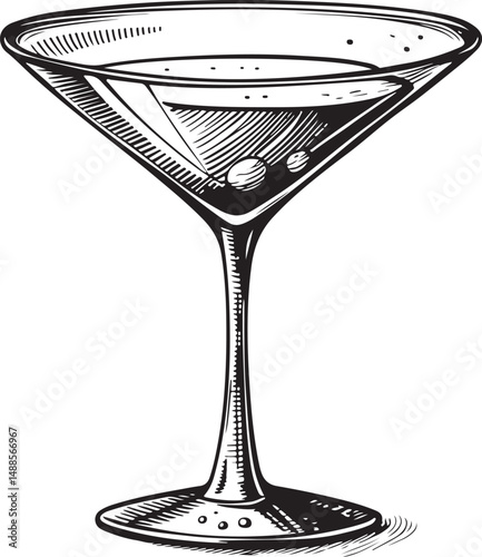Coupe Martini Cocktail Glass Black and White Vector Illustration, Sketch Drawing Line Linear Symbol Icon Engraving, Hand-drawn Isolated