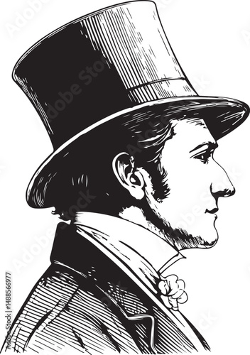 Gentleman in tall top hat Black and White Vector Illustration, Sketch Drawing Line Linear Symbol Icon Engraving, Hand-drawn Isolated