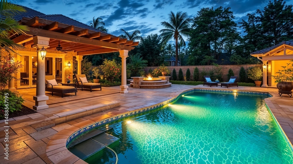 Fototapeta premium Elegant Outdoor Oasis: Stunning Pool, Deck, and Pergola Design