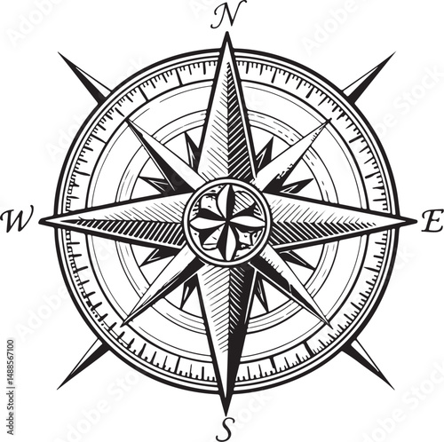 Vintage compass rose Black and White Vector Illustration, Sketch Drawing Line Linear Symbol Icon Engraving, Hand-drawn Isolated