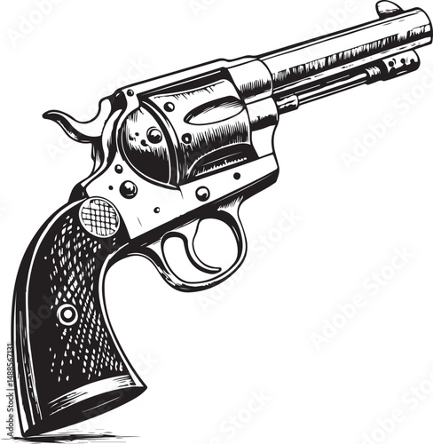 wild west cowboy gun revolver Black and White Vector Illustration, Sketch Drawing Line Linear Symbol Icon Engraving, Hand-drawn Isolated