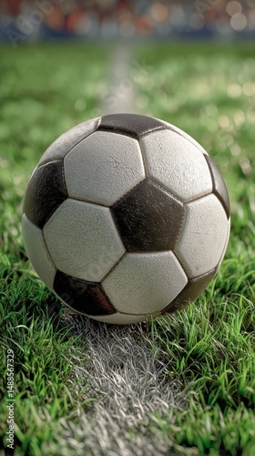 Soccer Ball Resting on Green Grass Field Ready for Play During Late Afternoon