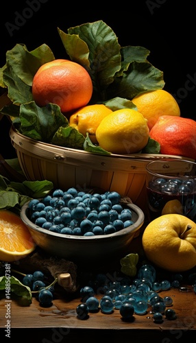 pair of carved wooden crates filled with fresh fruits and vegetables against a plain background, creating a sense of fruitfulness and simplicity.