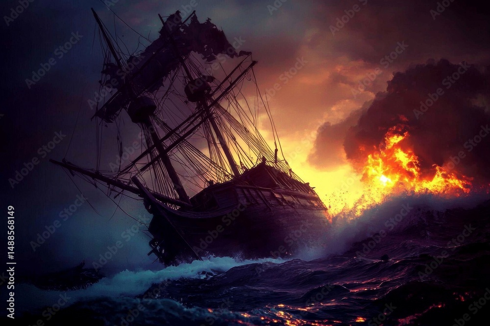 Obraz premium A calamity at sea: a burning pirate ship amidst the turmoil.