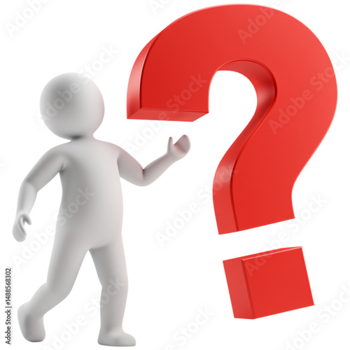 3d stick figure standing next to a large red question mark isolated on a transparent background