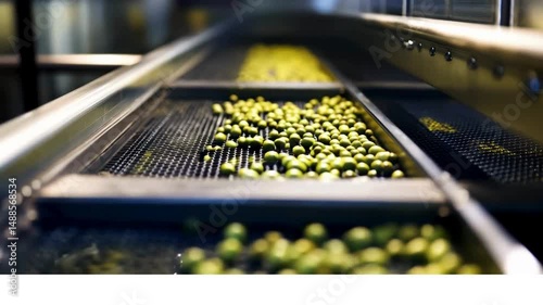 Freshly picked olives flow into a giant stainless steel screening machine. 