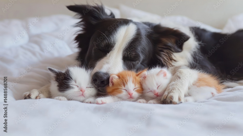 Fototapeta premium Dog and kittens sleeping together (1)