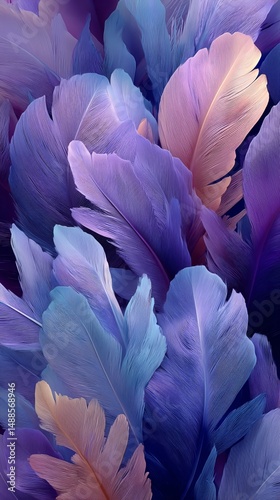 Colorful Feathers in Vibrant Shades of Purple and Blue Create a Stunning Deco...