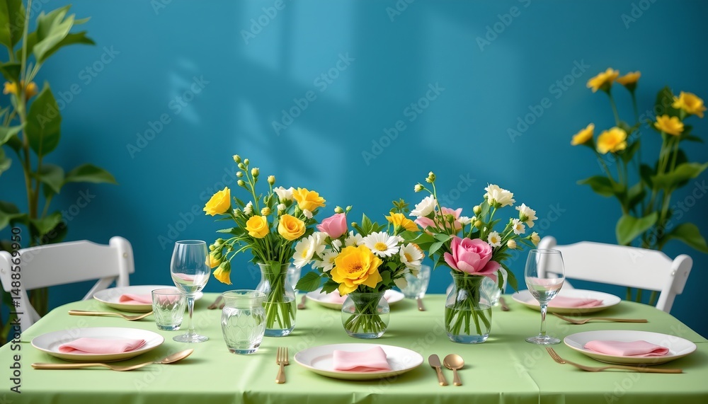 Obraz premium a dining table set up with pink placemats, white plates, yellow flowers in vases, and a backdrop of blue wall with a potted plant.