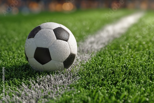 Soccer Ball Resting on Green Field With White Line During a Match in Bright D...