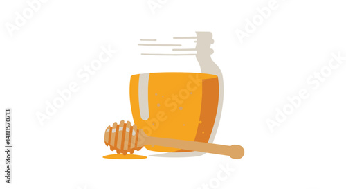 Illustration of a transparent glass jar filled with golden honey, paired with a classic honey dipper. Perfect for concepts of sweetness, natural food, or kitchen-related themes.