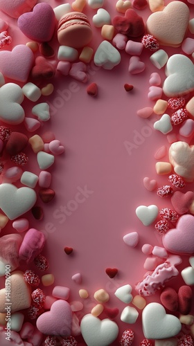 Colorful Heart-Shaped Candies Frame on a Pink Background for Celebrations and...