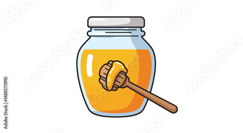 Illustration of a transparent glass jar filled with golden honey, paired with a classic honey dipper. Perfect for concepts of sweetness, natural food, or kitchen-related themes.