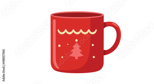 A bright red mug designed with a festive theme, featuring a Christmas tree and cheerful decorations. Ideal for holiday beverages and creating a cozy seasonal ambiance.

