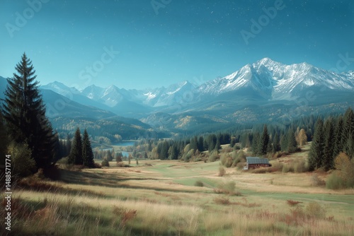 Mountain Landscape With Vibrant Greenery and Snow-Capped Peaks During Clear D...