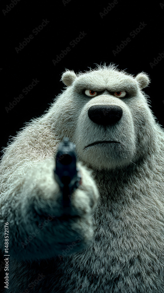 Obraz premium In this striking and surreal composition, a Polar bear takes center stage, aiming a gun directly at the viewer against a pitch-black background. Generative AI