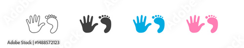 Baby hand icon set. Print hand icon in vector design style. Graphic sign baby hand and foot. Boy and girl icons