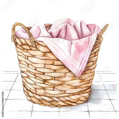 watercolor of Woven Laundry Basket In A Modern Bathroom, vector high quality, isolated on a white background.