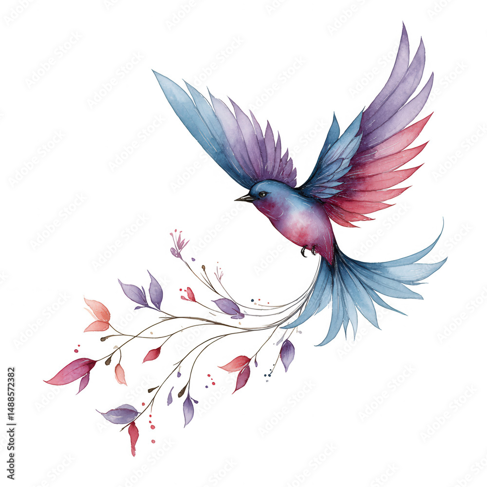 Obraz premium An elegant bird takes flight with watercolor leaves on a white backdrop.