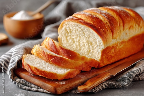 Freshly Baked Bread on a Wooden Cutting Board With Sliced Pieces Ready to Serve