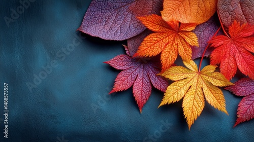 Fall Decorations With Colorful Leaves, Pumpkins, and Berries Arranged on a Te...