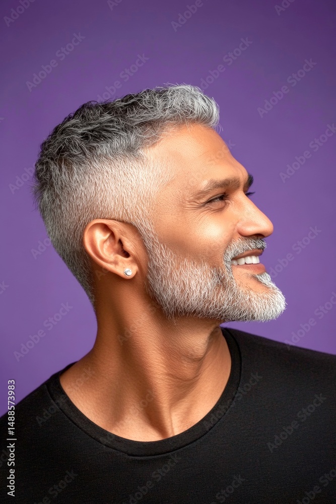 Fototapeta premium Conceptual art of style for aging men. Trendy men's low fade haircut - midlife indian man with short hair. A serene and handsome man posing in style. Purple solid background.