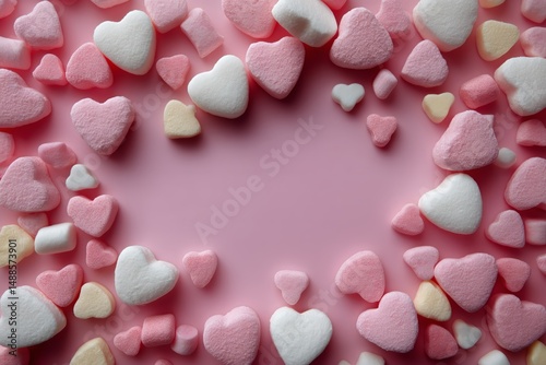 Colorful Heart-Shaped Candies Arranged on a Pink Background for a Festive Cel...