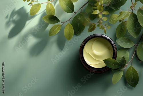 Natural Skincare Products Displayed on a Green Background With Leaves Emphasi...