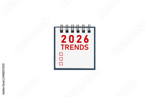Close up of a 2026 Trends calendar on blue background. Perfect for marketing, trends, and yearly planning ideas.