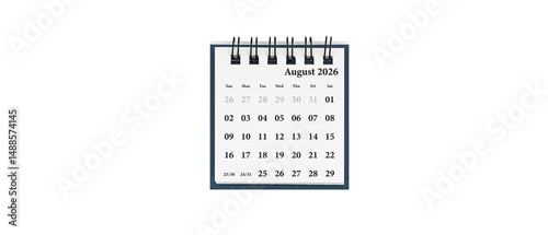 Desktop calendar for August 2026 in white colour. Mini planner for business and finance, spiral view on isolated white background close up.