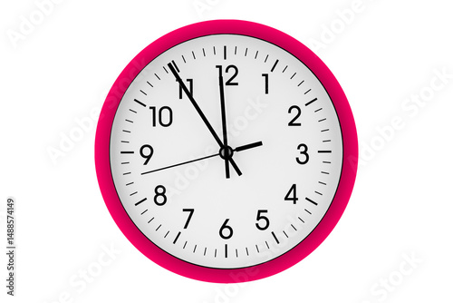 Pink watch, wall clock 11 hours 45 minutes on isolated or white background close up