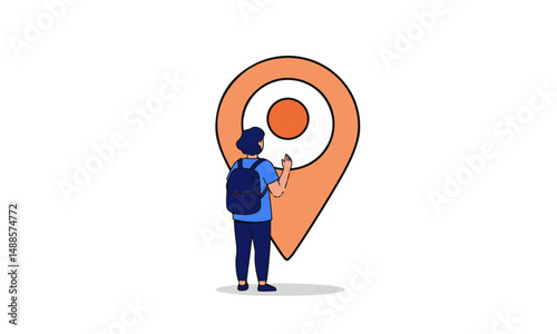 Person with Large Location Pin Illustration. A flat vector illustration depicting a person with a backpack standing next to a large orange location pin.
