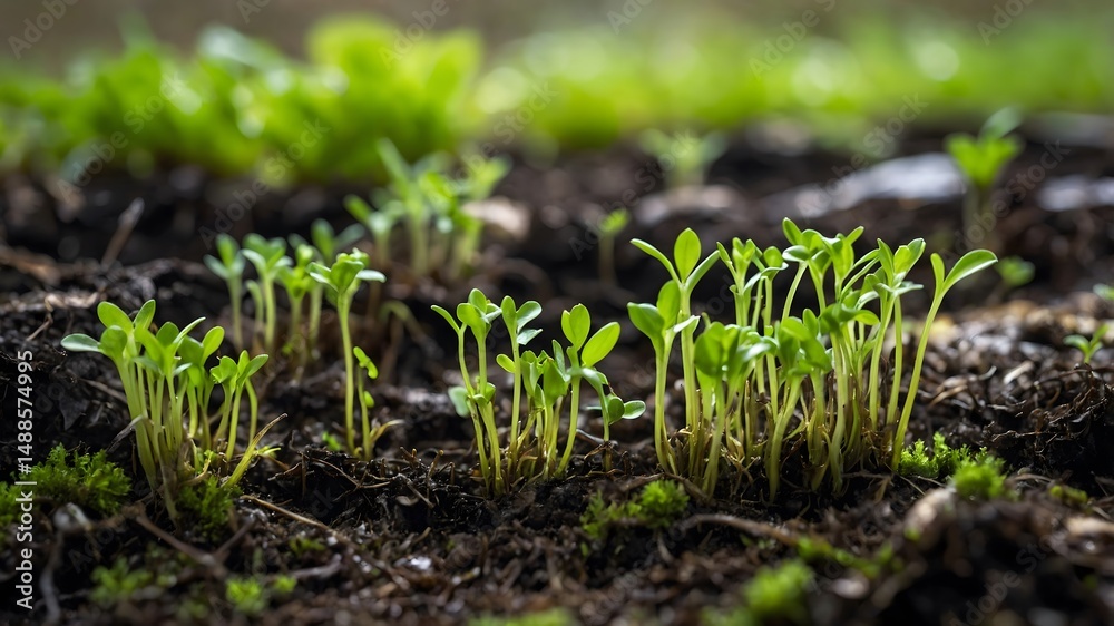 Fresh green seedlings sprouting from moist soil in early spring, symbol of growth, rebirth and new beginnings in nature Fresh green seedlings sprouting from moist soil in early spring, symbol of growth, rebirth and new beginnings in nature