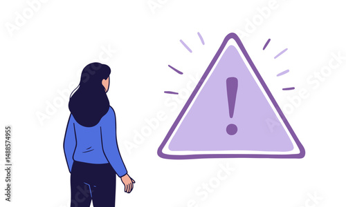 A flat vector illustration depicting a woman looking at her phone with a large warning triangle and exclamation mark in the background, symbolizing online security alerts.
