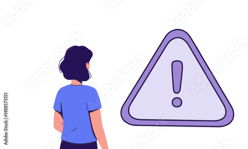 A flat vector illustration depicting a woman looking at her phone with a large warning triangle and exclamation mark in the background, symbolizing online security alerts.
