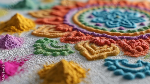 Bright rangoli stencil with colored powders for Diwali decor on a white background
