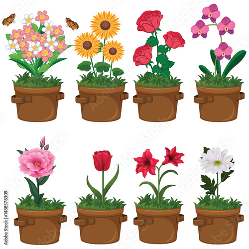 silhouette of a colorful flowers in pot