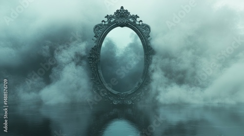 Ornate oval mirror reflecting a foggy landscape.