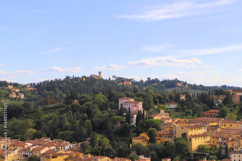 Obraz premium A scenic view of a hilly landscape in Florence, Tuscany, Italy. The foreground features historic buildings with terracotta roofs nestled among lush greenery.
