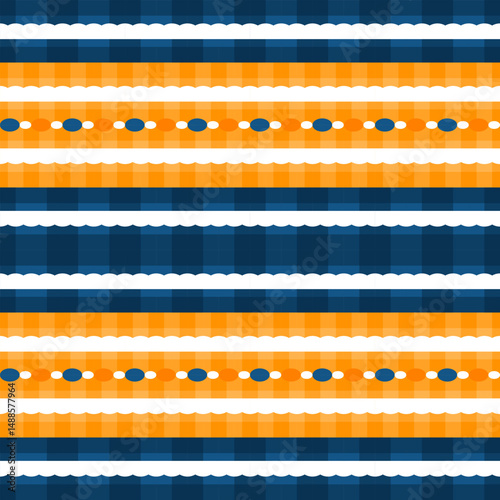 Retro geometric deep blue orange and white seamless pattern